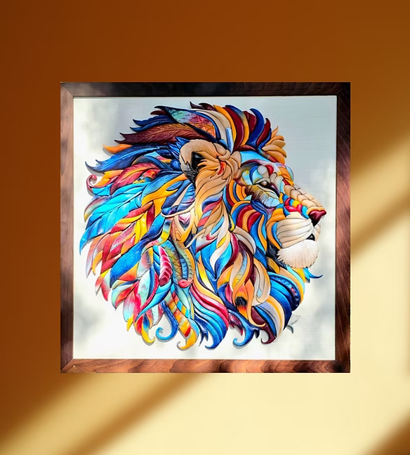 lion scroll saw art, colorful wall art, small piece intarsia detailed lion wood art