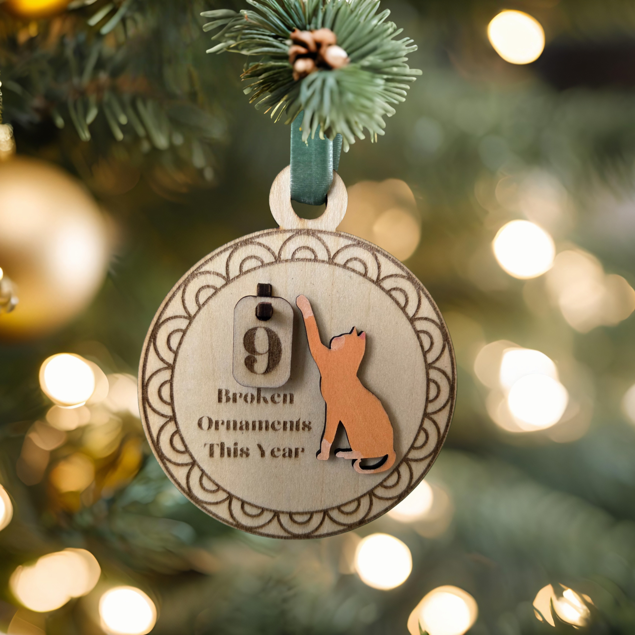 “Broken Ornaments This Year” Cat Ornament – Interactive Wood Design