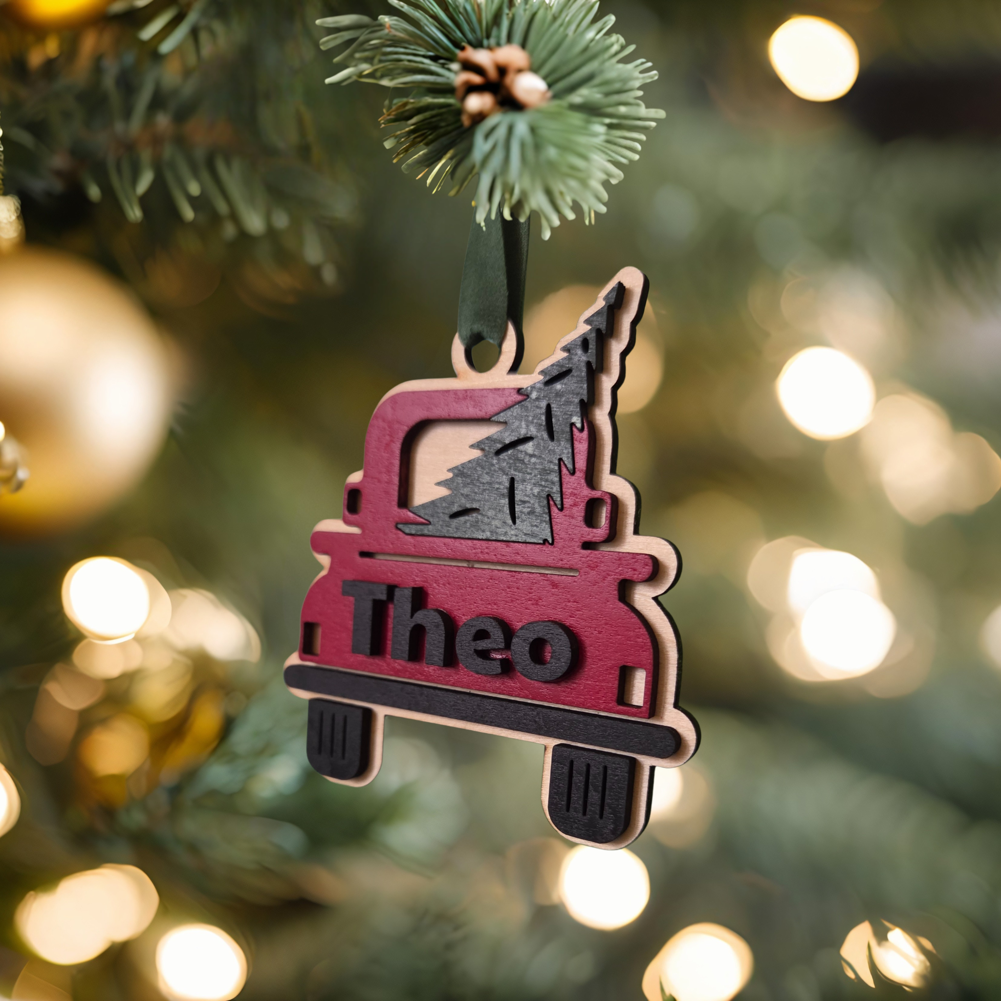 Personalized Red Truck Ornament – Bringing Home the Tree